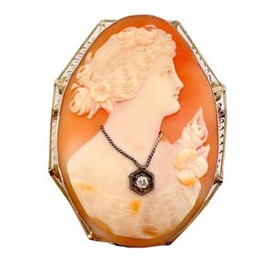 Antique Hand Carved Shell Cameo Habillé Brooch/Pendant 14k/10k Filigree Diamond
